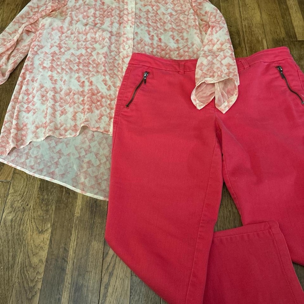 Bundle: Coral Sheer Patterned Blouse & Bright Coral Pants Set